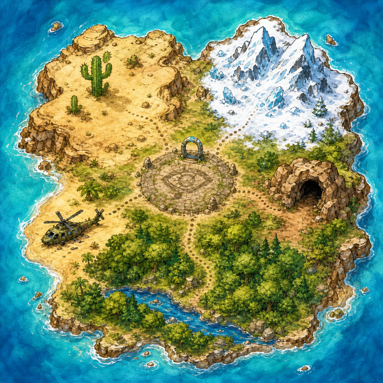 The colourful island from Rouge’s Lost Helicopter Journal game