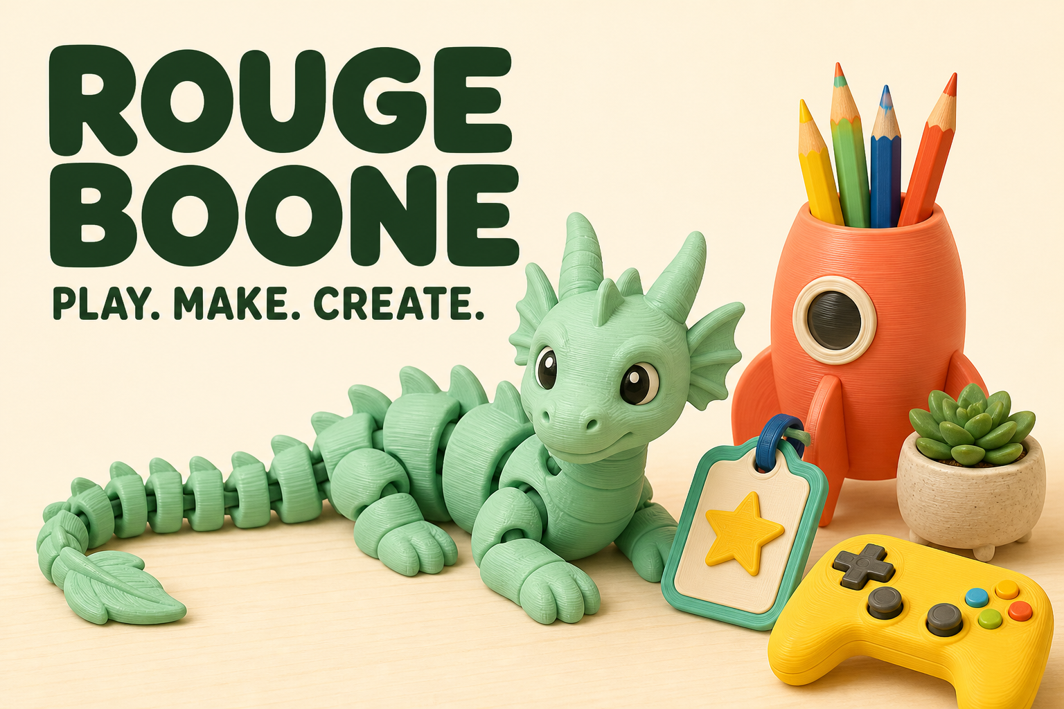 Concept illustration of Rouge Boone’s colourful 3D-print maker world